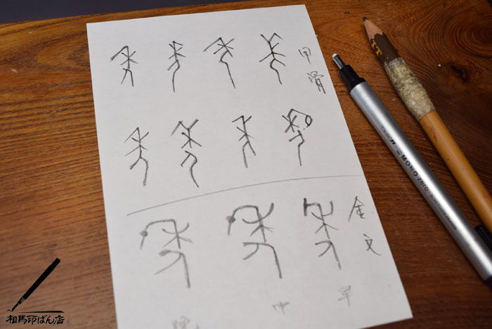 上の2段が甲骨文、3段目が金文。上部が禾、下部が人(男)。